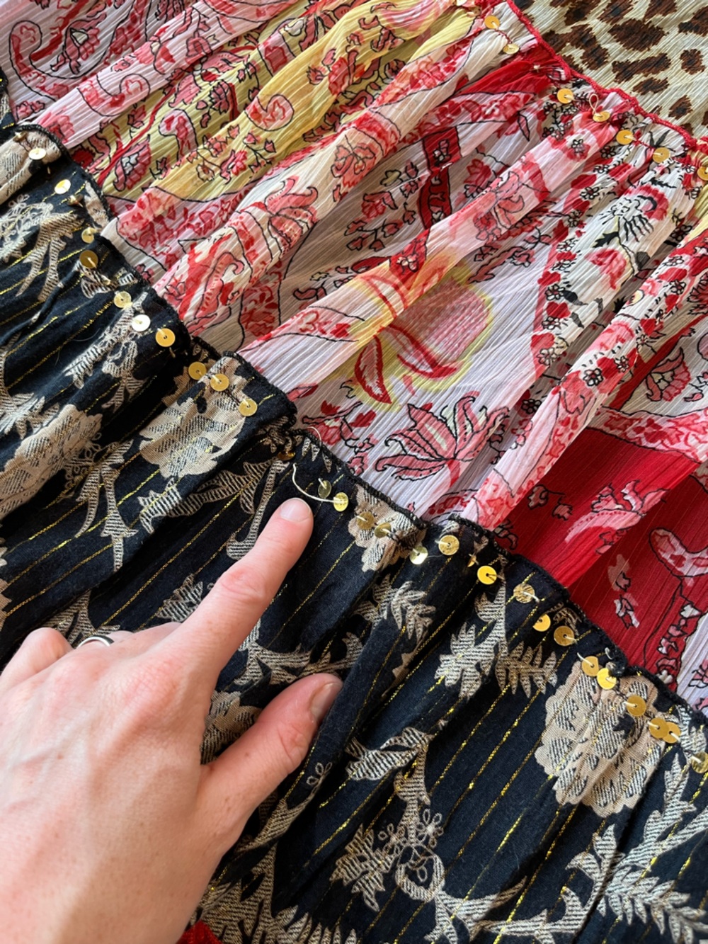 XOXO Y2K Tiered Mixed Media Floral Patchwork Low Rise Artsy Skirt with Sequins - Picture 12 of 12